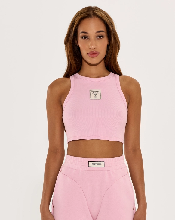 Pink Cropped T-shirt with stitched logo – sporty and stylish - S